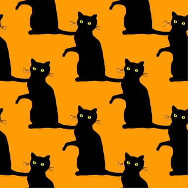 Turuncu arka plan üzerinde korkunç kara kediler ile geleneksel Cadılar Bayramı seamless modeli.