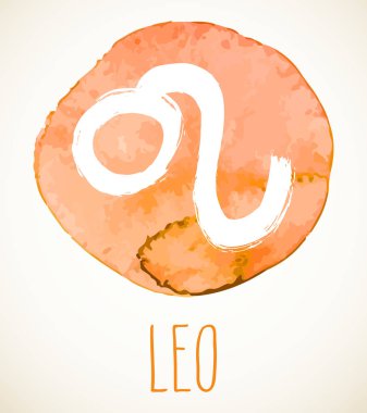Leo el Zodyak işareti illüstrasyon turuncu suluboya daire üstünde çekilmiş. Vektör grafik Astroloji sembolü tasarım öğesi beyaz bitti izole.