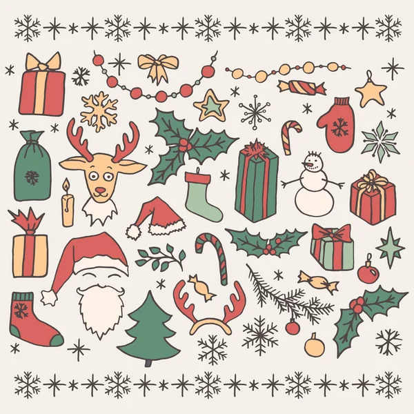 Set Christmas Hand Drawn Doodle Elements Retro Colors Isolated White — Stock Vector