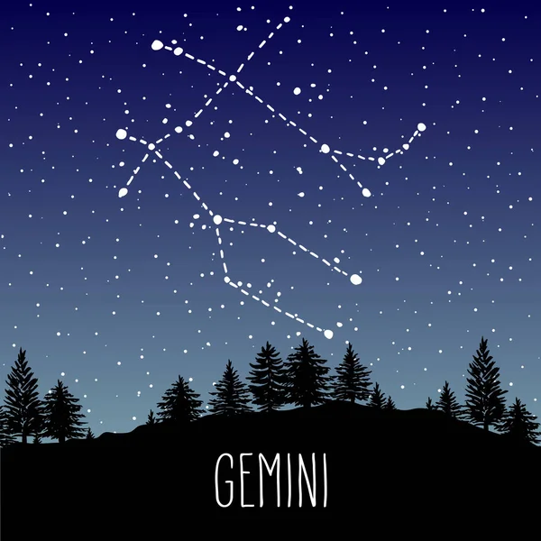 双子座的手在针叶林的夜空中绘制星座星座 矢量图形占星术插图 自然中的西方星座神秘符号 — 图库矢量图片