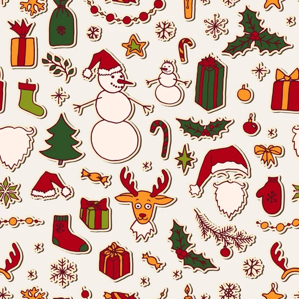 Christmas Hand Drawn Doodle Seamless Pattern Santa Tree Reindeer Snowman — Stock Vector
