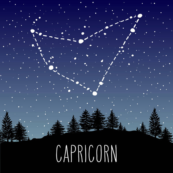 Козерог нарисовал знак созвездия Зодиака в звездном ночном небе над хвойным лесом. Векторная графика. Западный гороскоп мистический символ природы
.