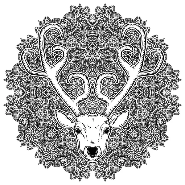 Belle Tête Cerf Style Tribal Dessinée Main Dessus Mandala Orné — Image vectorielle