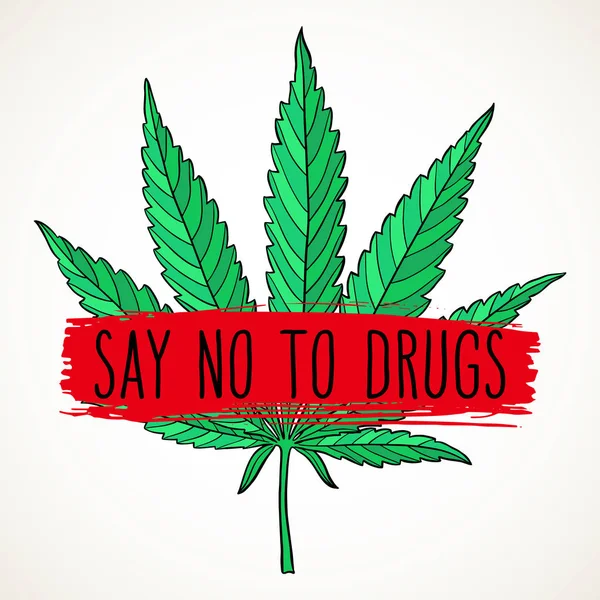没有毒品的红色标志 禁止手绘大麻叶 停止麻醉大麻设计元素 白色背景上孤立的向量图 — 图库矢量图片