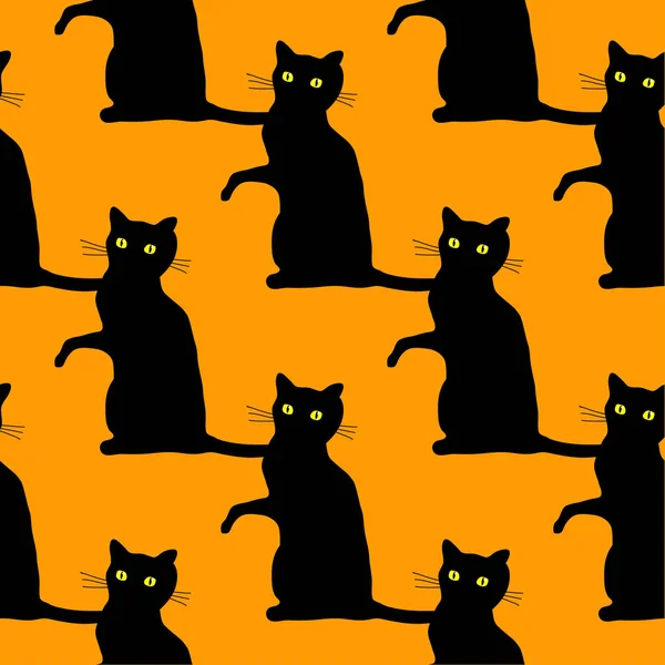 Tradycyjny Wzór Halloween Przerażające Czarne Koty Pomarańczowym Tle — Wektor stockowy
