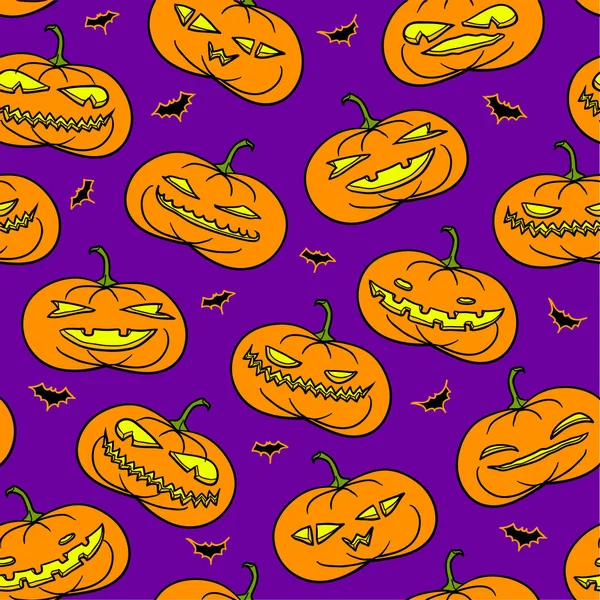 Modèle Sans Couture Halloween Traditionnel Avec Des Citrouilles Souriantes Effrayantes — Image vectorielle