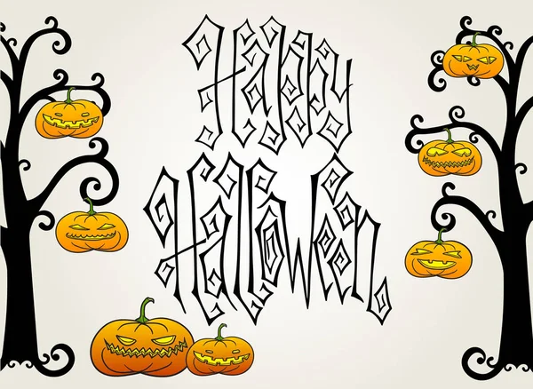 Traditional Hand Drawn Halloween Greeting Card Creepy Orange Pumpkin Lanterns — Stock Vector