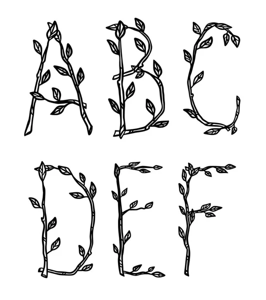 Letras Decorativas Del Alfabeto Hechas Ramas Árboles Naturaleza Vector Dibujado — Vector de stock