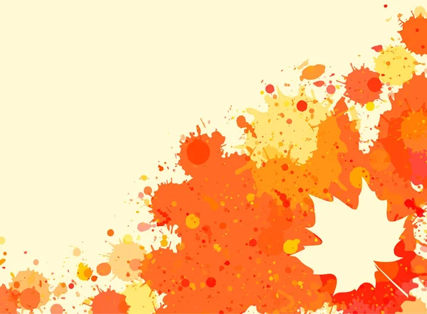 明るいオレンジ色の水彩絵の具スプラッタ秋のカエデの葉 横向きとフレーム — ストックベクタ