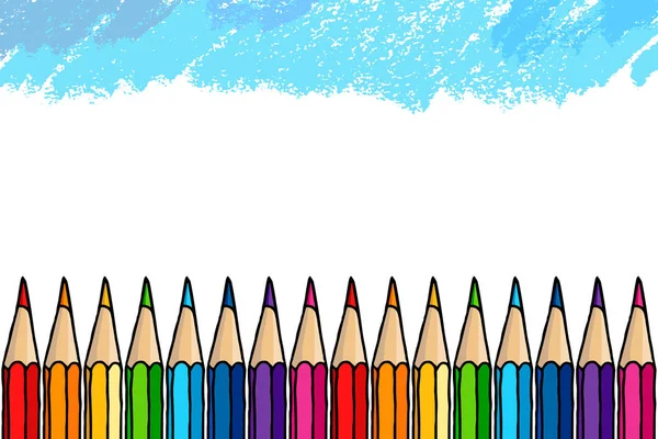 多色の鉛筆と青打境界線白で分離されました 文房具手描きベクトル落書きイラスト空白のフレーム — ストックベクタ