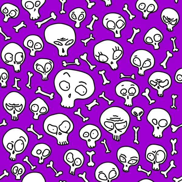 滑稽的头骨显示杂项的情感 紫色万圣节无缝模式 — 图库矢量图片