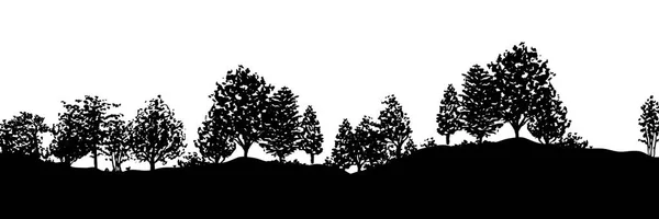 Alberi Forestali Disegnati Mano Sagome Sfondo Vettoriale Illustrazione Bandiera Orizzontale — Vettoriale Stock
