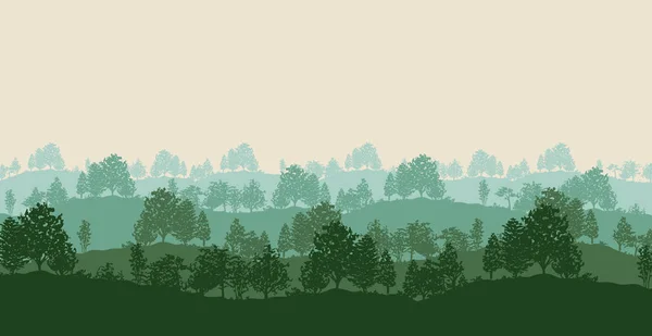 Letni Zmierzch Lasu Drzewa Sylwetki Tło Wektor Ilustracja Kolor Zielony — Wektor stockowy
