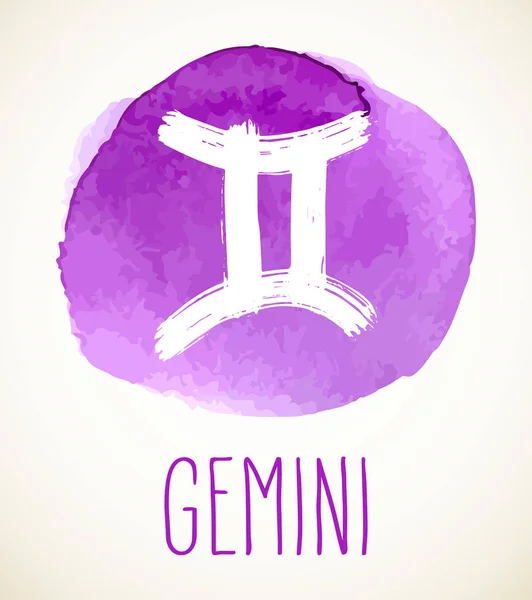 Gemini Ručně Kreslené Ilustrace Znamení Zvěrokruhu Přes Purple Akvarel Kruh — Stockový vektor