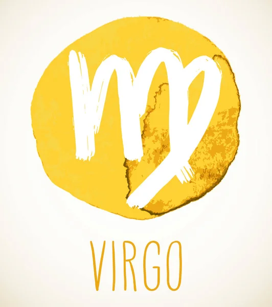 Virgo Hand Dras Zodiac Tecken Illustration Över Gul Akvarell Cirkel — Stock vektor