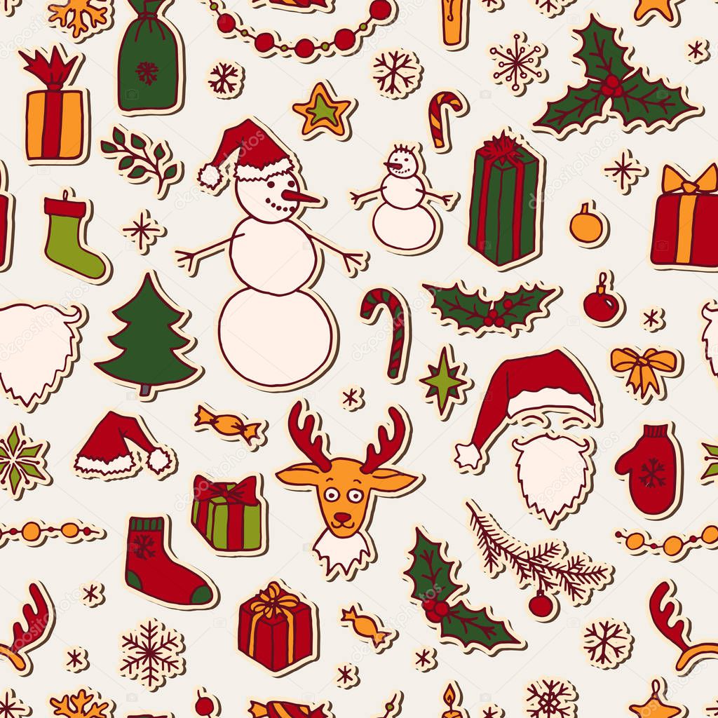 Christmas hand drawn doodle seamless pattern. Santa, tree, reindeer, snowman, snowflakes, gifts, decorations, holly, candle, stars. Vector illustration holidays background.