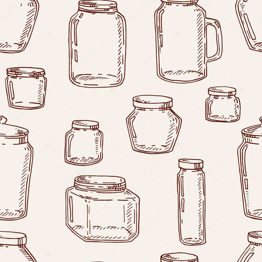 Vector hand drawn vintage jars seamless pattern in brown over beige. Contour sketch illustration background.