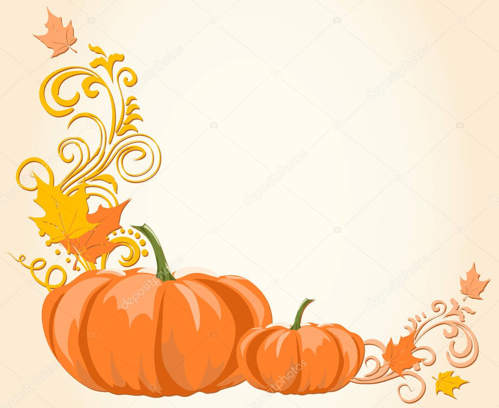 Light autumn frame with pumpkins and leaves and room for text. Thanksgiving greeting card template.