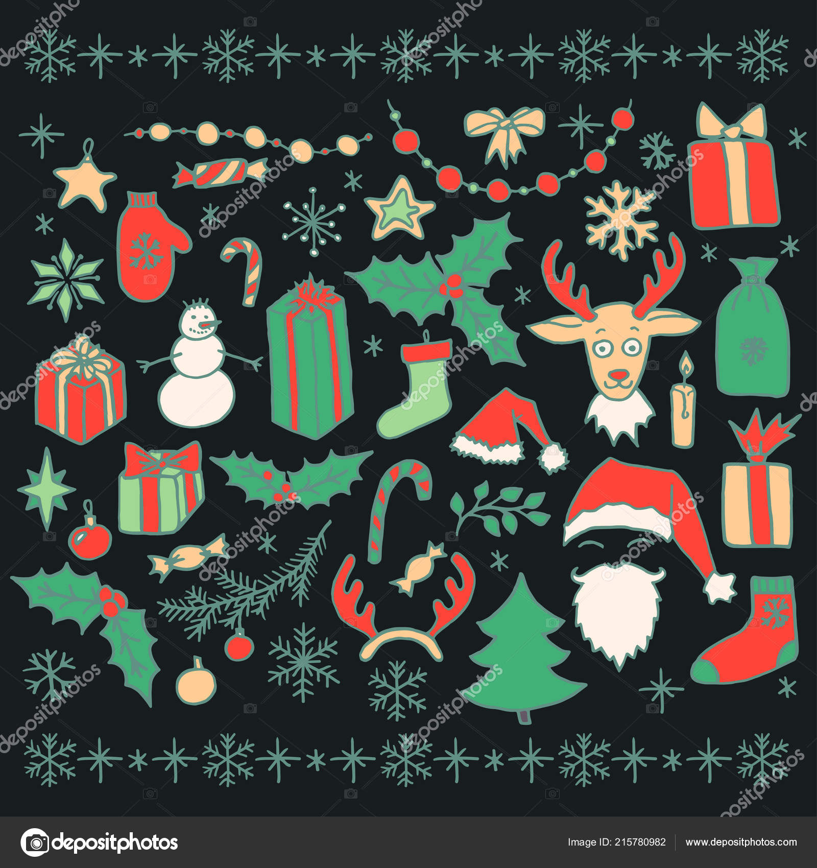 Set Vector Christmas Hand Drawn Doodle Elements Isolated Black