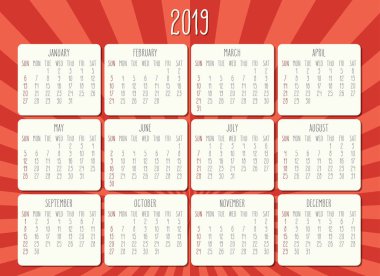 Yıl 2018 vektör aylık takvim. Hafta Pazar başlayarak. Açık renkli parlak turuncu ve kırmızı ışınları.