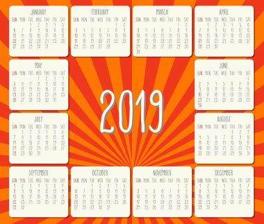 Yıl 2018 vektör aylık takvim. Hafta Pazar başlayarak. Açık renkli parlak turuncu ve kırmızı ışınları.