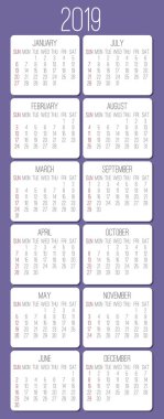 Yıl 2019 düz çağdaş vektör aylık takvim. Hafta Pazar başlayarak. Bej dikdörtgenler mor arka plan üzerinde yuvarlanır..