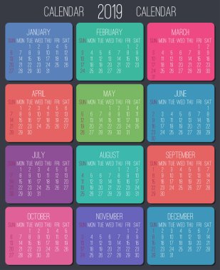 Yıl 2019 düz çağdaş vektör aylık takvim. Hafta Pazar başlayarak. Koyu gri arka plan üzerinde çok renkli tasarım.