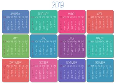 Yıl 2019 düz çağdaş vektör aylık takvim. Hafta Pazar başlayarak. Beyaz arka plan üzerinde çok renkli tasarım.