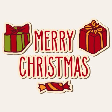Elle çizilmiş doodle tebrik kartı hediye kutuları ve Merry Christmas kelimeler. Beyaz bitti izole vektör çizim.
