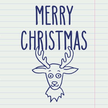 Mavi kontur doodle tebrik kartı geyik ve Merry Christmas kelime çizgili defter sayfa üzerinde yazılı el ile vektör el çekilmiş. 