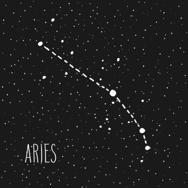 Koç - elle çizilmiş Zodyak işareti takımyıldızı üzerinde siyah yıldızlı gece gökyüzü beyaz. Vektör grafik Astroloji çizim. Batı Astroloji mistik sembol.