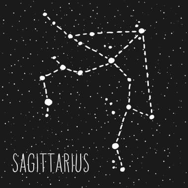 Yay üzerinde siyah yıldızlı gece gökyüzü beyaz çizilmiş Zodyak işareti takımyıldızı ver. Vektör grafik Astroloji çizim. Batı Astroloji mistik sembol.