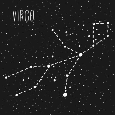 Başak beyaz çizilmiş Zodyak işareti takımyıldızı üzerinde siyah yıldızlı gece gökyüzü ver. Vektör grafik Astroloji çizim. Batı Astroloji mistik sembol.