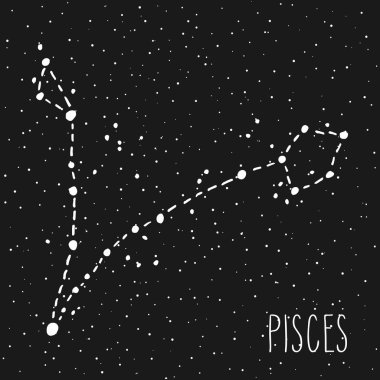 Balık beyaz çizilmiş Zodyak işareti takımyıldızı üzerinde siyah yıldızlı gece gökyüzü ver. Vektör grafik Astroloji çizim. Batı Astroloji mistik sembol.