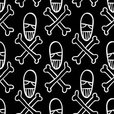 Vektör cadılar bayramı kara kafatası ve kemikleri siyah ve beyaz desenli. Parti posteri için tasarım arka planı. El çizimi karikatür çizimi.