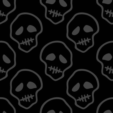 Vektör cadılar bayramı karalama kafatasları kusursuz desen. Parti posteri için tasarım arka planı. El çizimi karikatür çizimi koyu gri üzerine siyah.