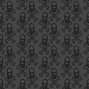 Vektör cadılar bayramı karalama kafatası ve kemiklerin kusursuz deseni. Parti posteri için tasarım arka planı. Koyu gri üzerine siyah çizilmiş el çizimi karikatür çizimi.