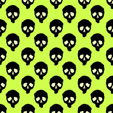 Vektör Cadılar Bayramı kafatasları kusursuz desen. Parti posteri için tasarım arka planı. El çizimi karikatür çizimi asit yeşili üzerinde izole.