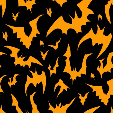 Uçan yarasalar Cadılar Bayramı Dikişsiz desen vektör. Parti poster için tasarım arka plan. Elle çizilmiş karikatür çizimde turuncu ve siyah.