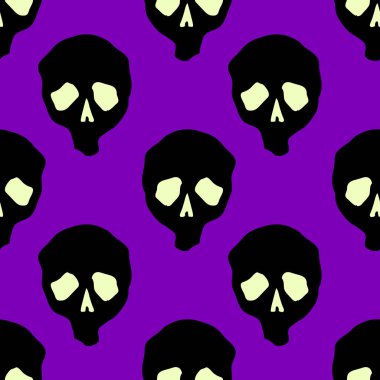 Vektör Cadılar Bayramı kafatasları kusursuz desen. Parti posteri için tasarım arka planı. El çizimi karikatür çizimi. Mor üzerine izole edilmiş nesneler.