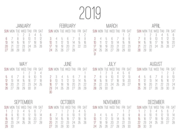 Векторный Месячный Календарь 2018 Года Воскресенья Начинается Неделя Современный Простой — стоковый вектор