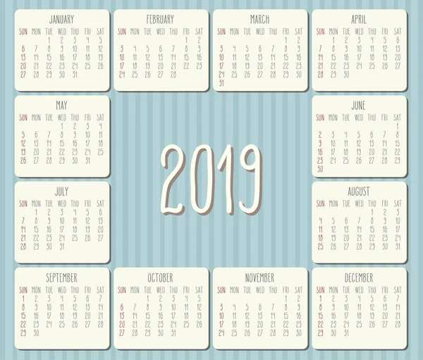 Year 2018 Vector Monthly Calendar Week Starting Sunday Light Blue — Stock Vector