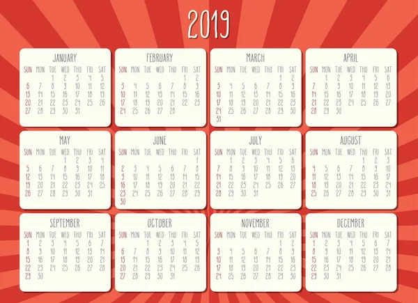 Año 2018 Vector Calendario Mensual Semana Partir Del Domingo Rayos — Archivo Imágenes Vectoriales
