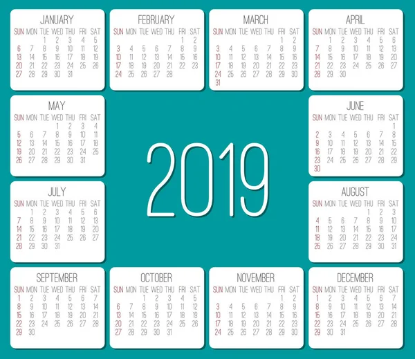 Año 2019 Simple Vector Contemporáneo Calendario Mensual Semana Partir Del — Vector de stock