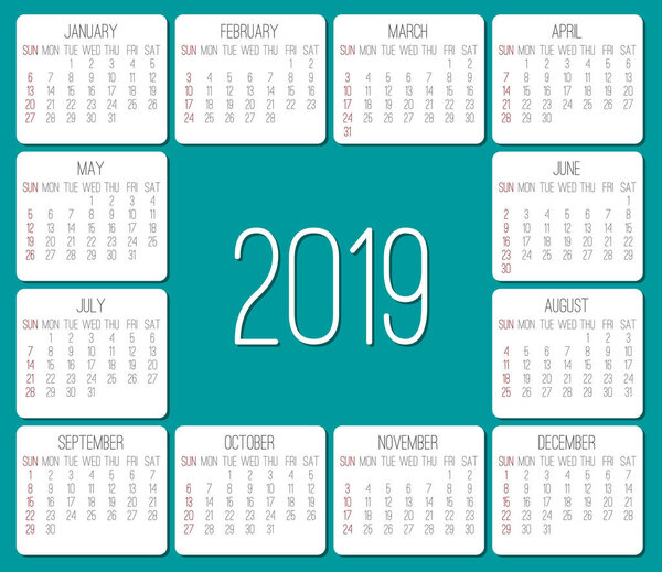 Year 2019 plain contemporary vector monthly calendar. Week starting from Sunday. Beige rounded rectangle over bright turquoise green background.
