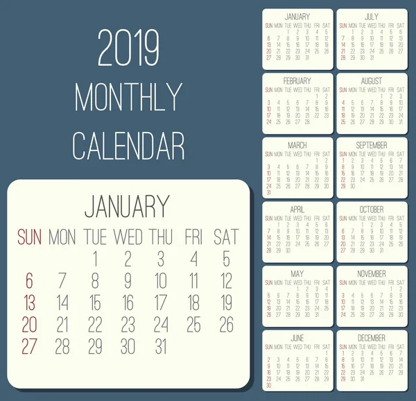 Année 2019 Plain Contemporain Vecteur Calendrier Mensuel Semaine Partir Dimanche — Image vectorielle