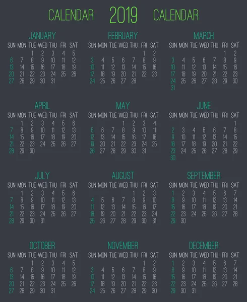 Año 2019 Simple Vector Contemporáneo Calendario Mensual Semana Partir Del — Vector de stock