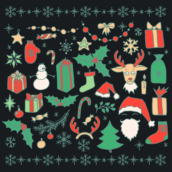 Set Vector Christmas Hand Drawn Doodle Elements Isolated Black Santa — Stock Vector