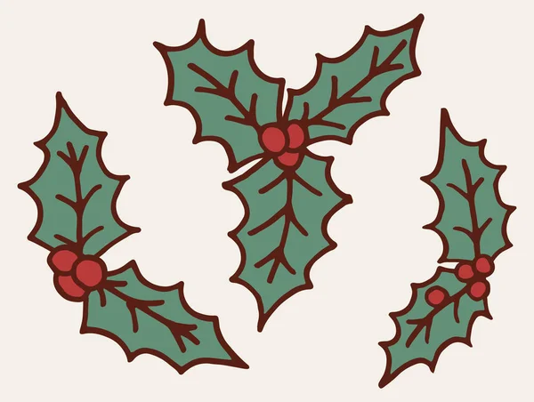 Holly Beries Megállapított Kézzel Készült Karácsonyi Doodle Design Elemek Téli — Stock Vector
