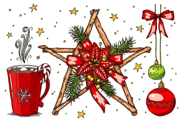 小枝星与一品红和云杉树枝 热巧克力杯 装饰品 丝带弓和明星 手绘圣诞涂鸦向量例证 冬季假期贺卡设计元素查出的白色 — 图库矢量图片